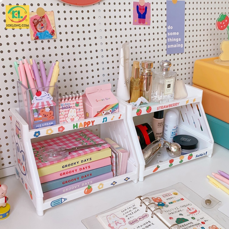 Kệ giá mini 2 tầng chân mèo để bàn cute đựng sách vở, decor văn phòng phẩm K38 tiện ích