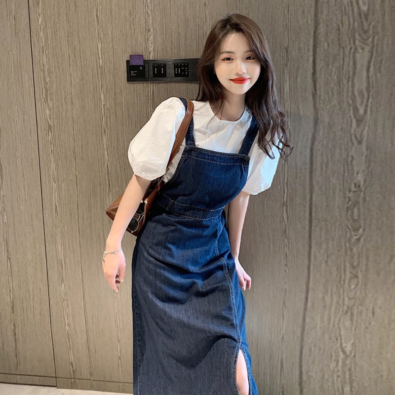 Yếm váy Denim xẻ tà