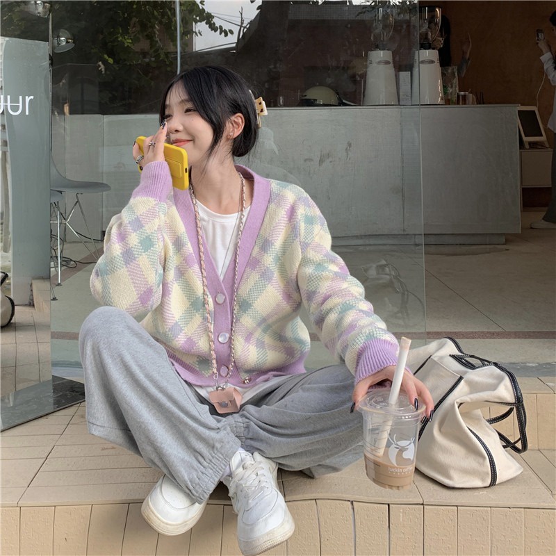 Áo len dệt kim cổ V, áo khoác len cardigan màu tím A945