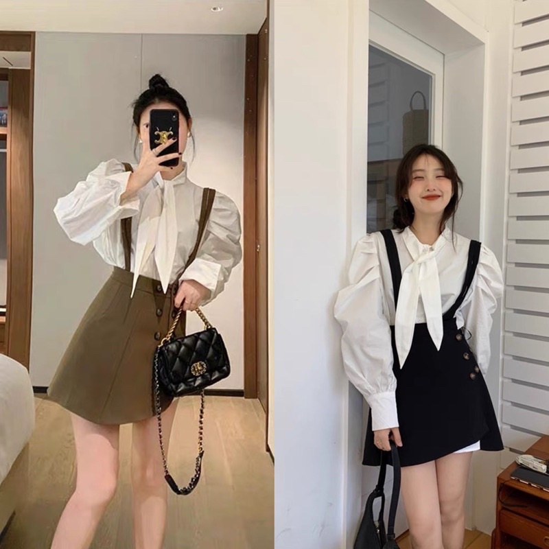 Set Váy Yếm Mix Áo Sơmi Tay Bồng 2 Màu Siêu Xinh Có Ảnh Thật