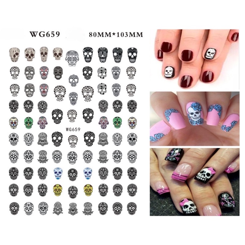 Sticker dán móng tay, hình dán móng tay hoạ tiết đầu lâu Skull Halloween trang trí móng tay nghệ thuật nail