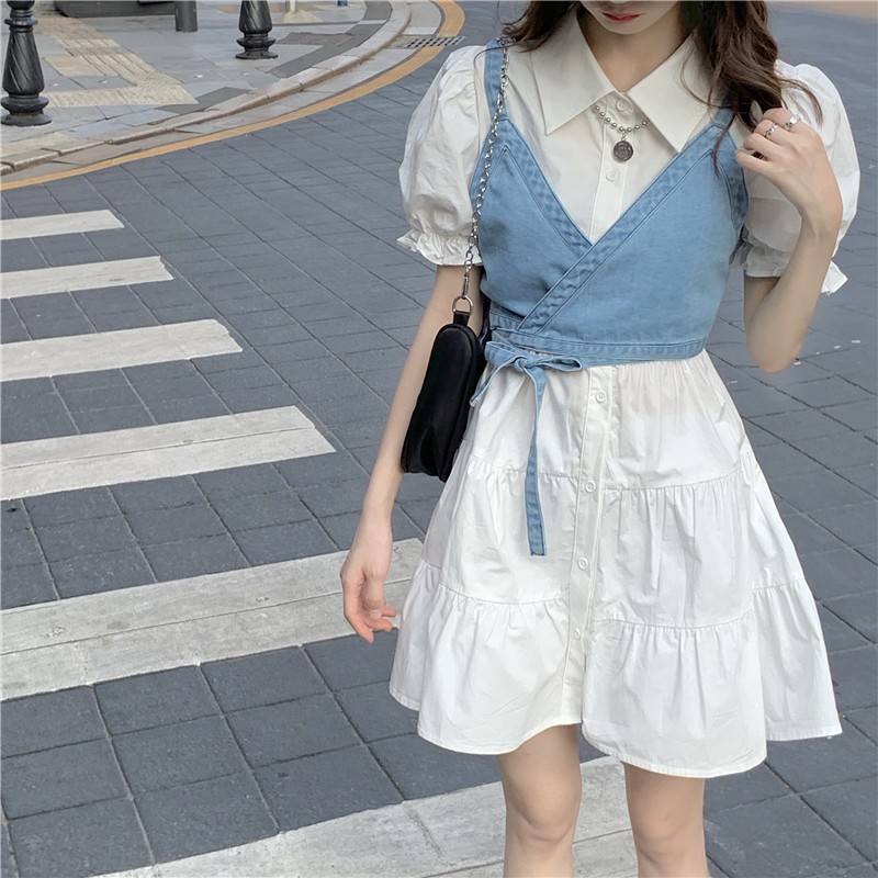Xiaozhainv Đầm tay phồng/Áo hai dây vải denim kiểu retro xinh xắn cho bạn gái | BigBuy360 - bigbuy360.vn