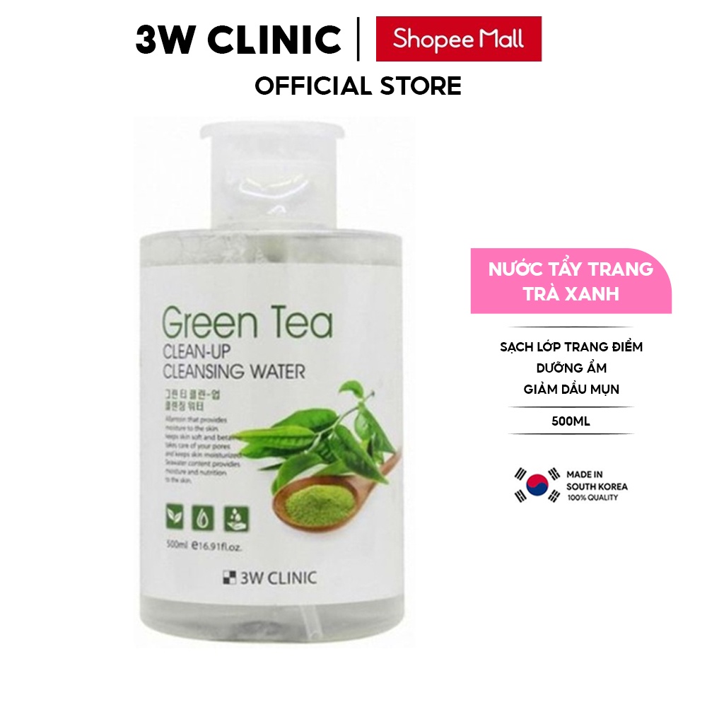 Nước tẩy trang trà xanh 3W Clinic Hàn Quốc chiết xuất lá trà xanh giúp da sạch lớp trang điểm giảm dầu mụn 500ml
