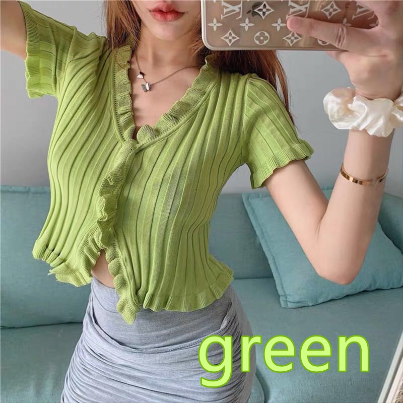 Áo dệt kim tay ngắn thiết kế xẻ trước phong cách Jennie BLACKPINK điệu đà thời trang cho nữ | BigBuy360 - bigbuy360.vn