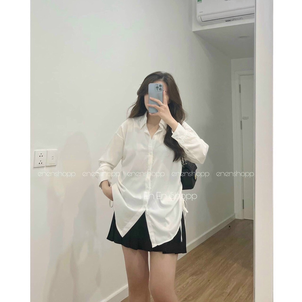 ( MIỄN PHÍ SHIP 2022) Áo sơ mi nữ trơn màu basic, sơ mi from rộng rút dây hông tay dài đi học đi làm xinh xắn