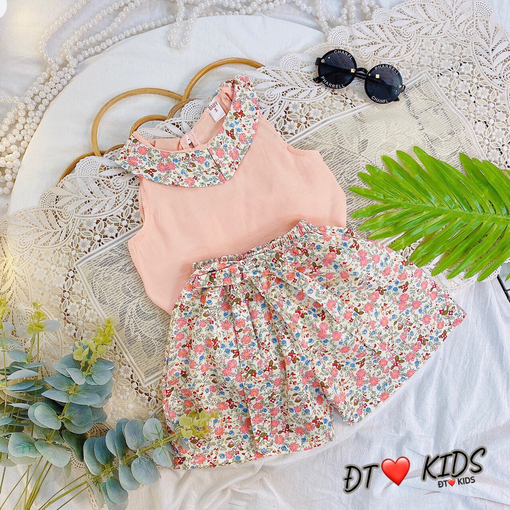 Bộ hè cho bé gái, bộ ba lỗ họa tiết hoa nhí chất thô Hàn mềm mại cho bé gái