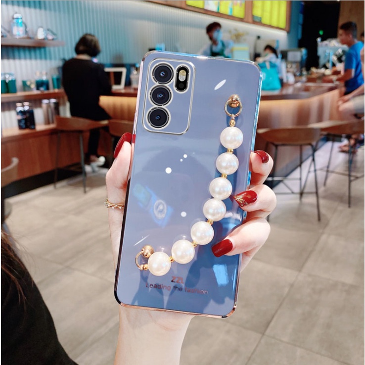 Ốp điện thoại mềm mạ viền vuông có dây đeo xỏ ngọc trai giả cho Samsung A52s A72 A32 A52 A22 A30 A20 M32 6D