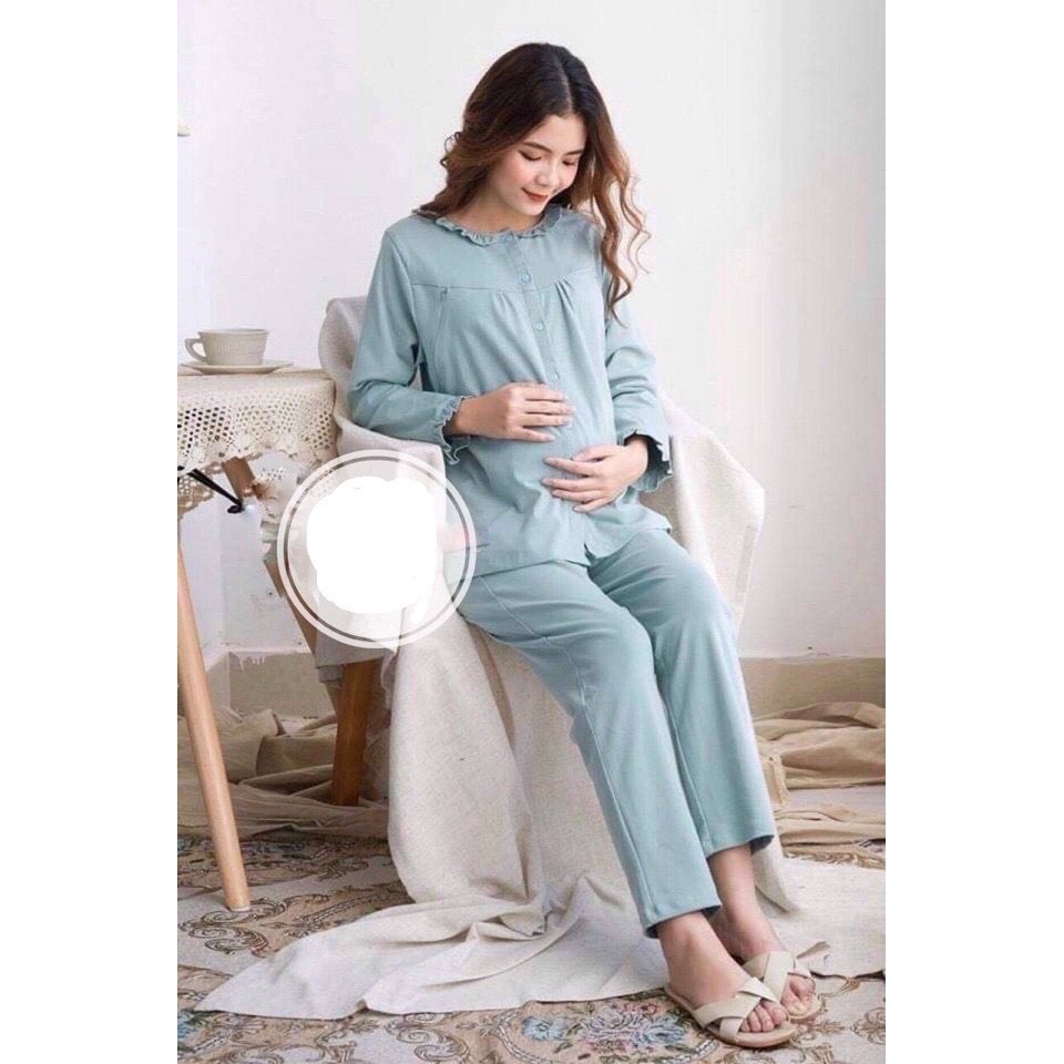 Bộ đồ bầu dài tay chất cotton_ Bộ đồ mặc nhà cổ bèo sang chảnh BD919