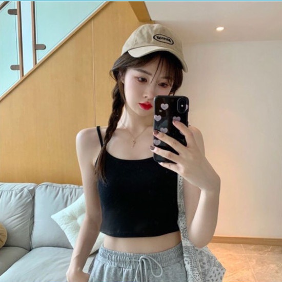 Áo Hai Dây Thể Thao Dáng Ngắn Màu Đen Phong Cách Hàn Quốc Quyến Rũ Cho Nữ