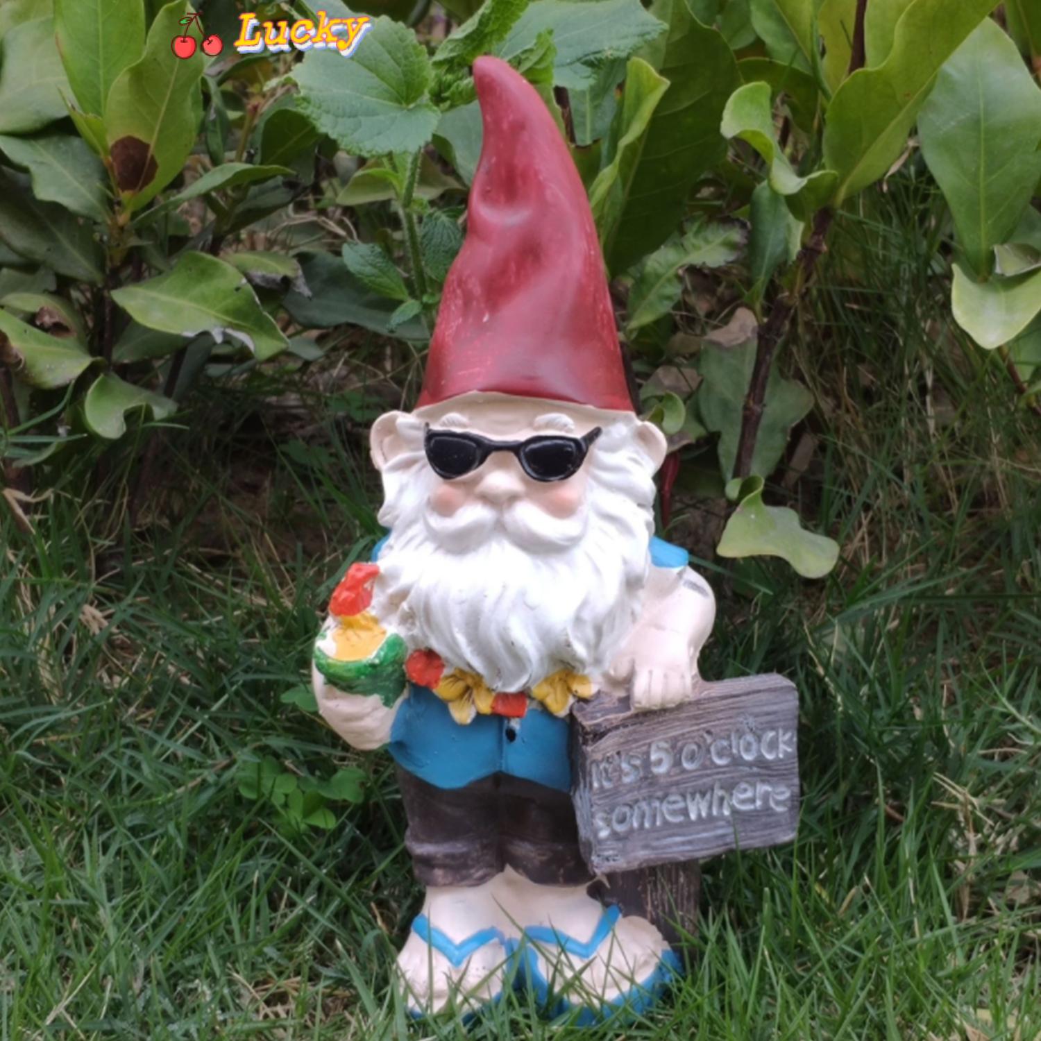 LUCKY Beach Gnome Figurine Sculpture Polyresin Statue Garden Gnome Statue Garden Decor Resin for Patio Yard Lawn Pond Summer It's 5 O'clock Somewhere