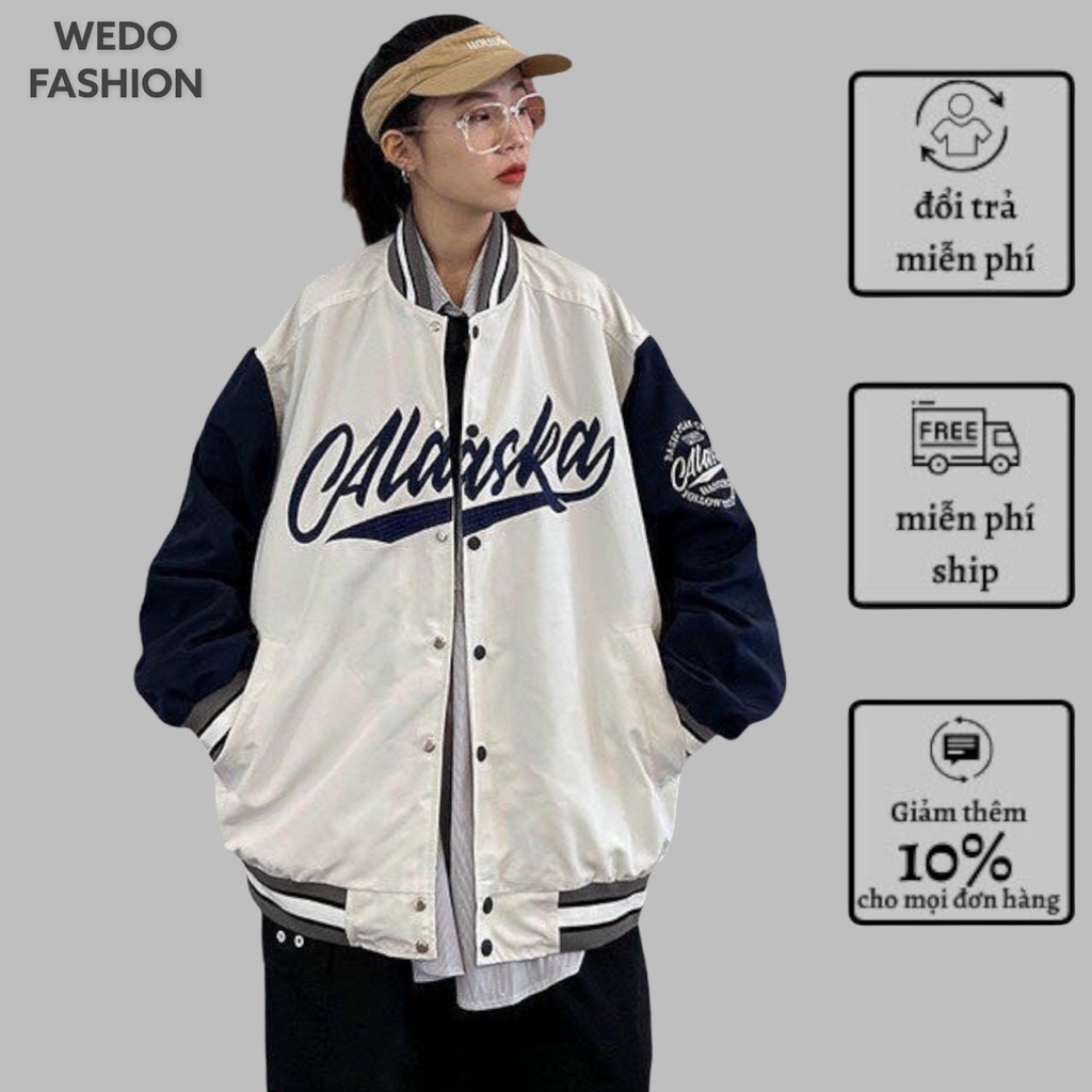 Áo khoác bomber nữ in chữ nổi ALASKA kiểu dáng bóng chày phối nút bấm phong cách tiểu thư cá tính WEDO