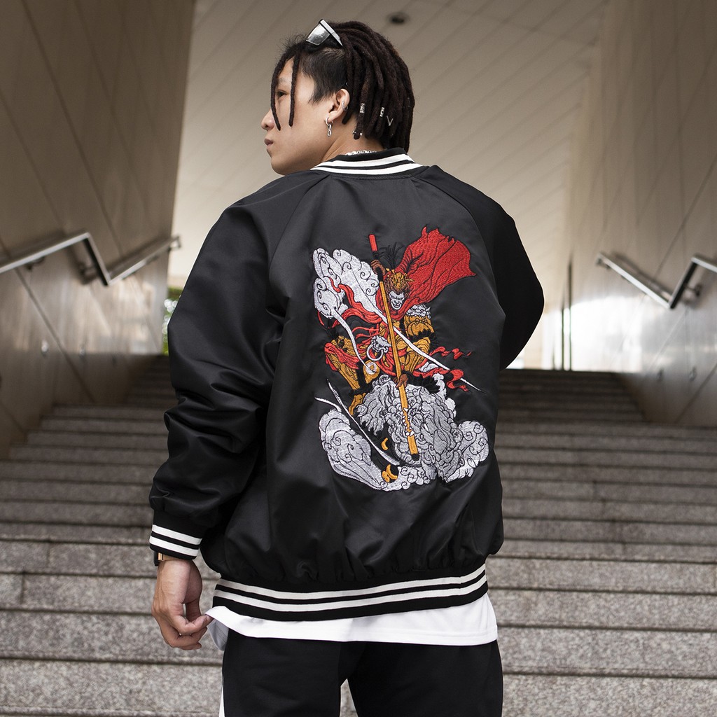 Áo Khoác Jacket Sun Wukong Sukajan Chất Liệu Parachute Fabric Vải Dù Màu Đen