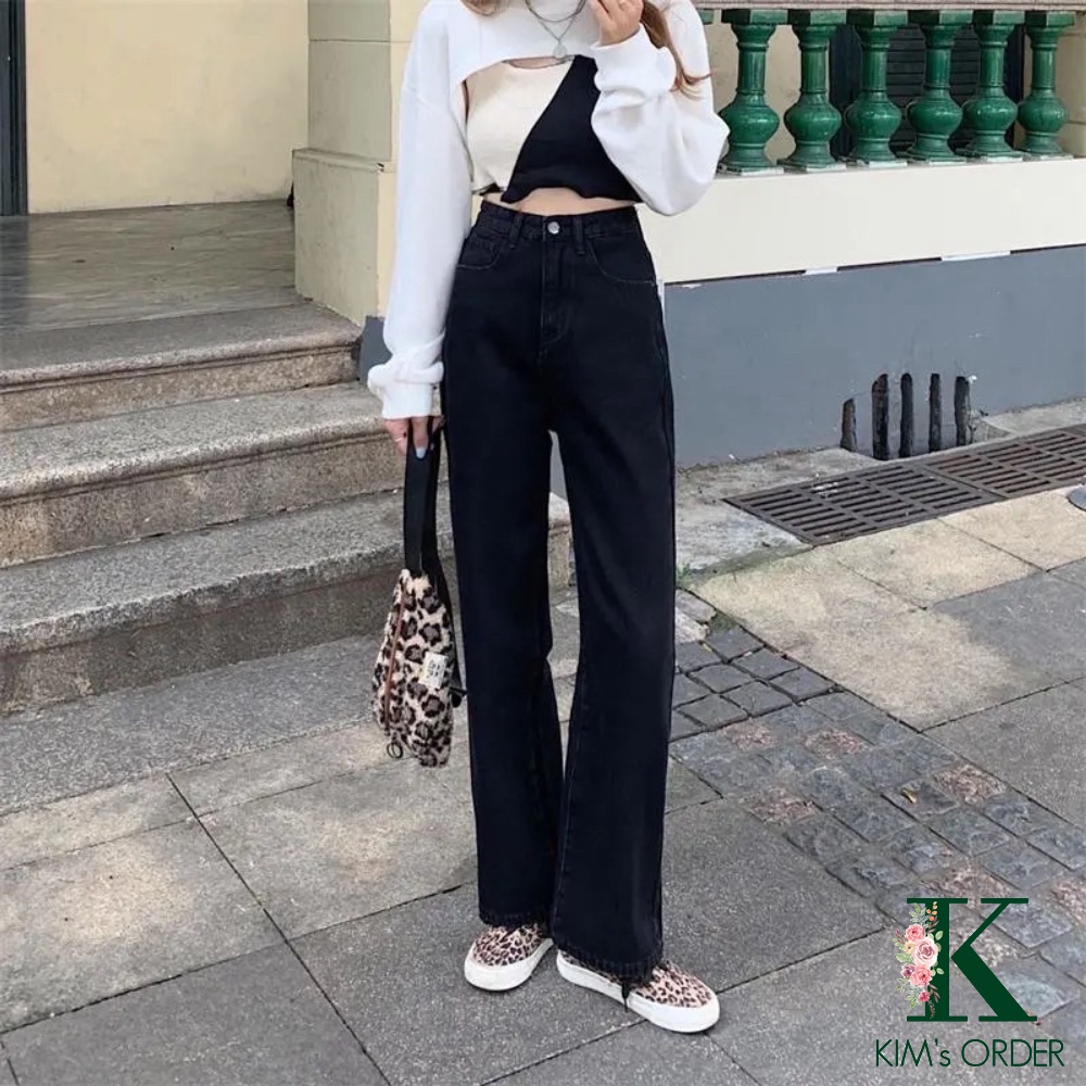Quần jean nữ màu đen trơn ống suông basic Ulzzang cạp lưng cao đi học đi làm đi chơi chất co dãn nhẹ loại 1