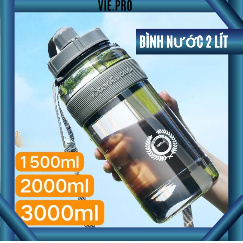 Bình nước 2 lít đẹp tập gym thể thao có vòi hút dây đeo chất liệu nhựa PC an toàn khi sử dụng