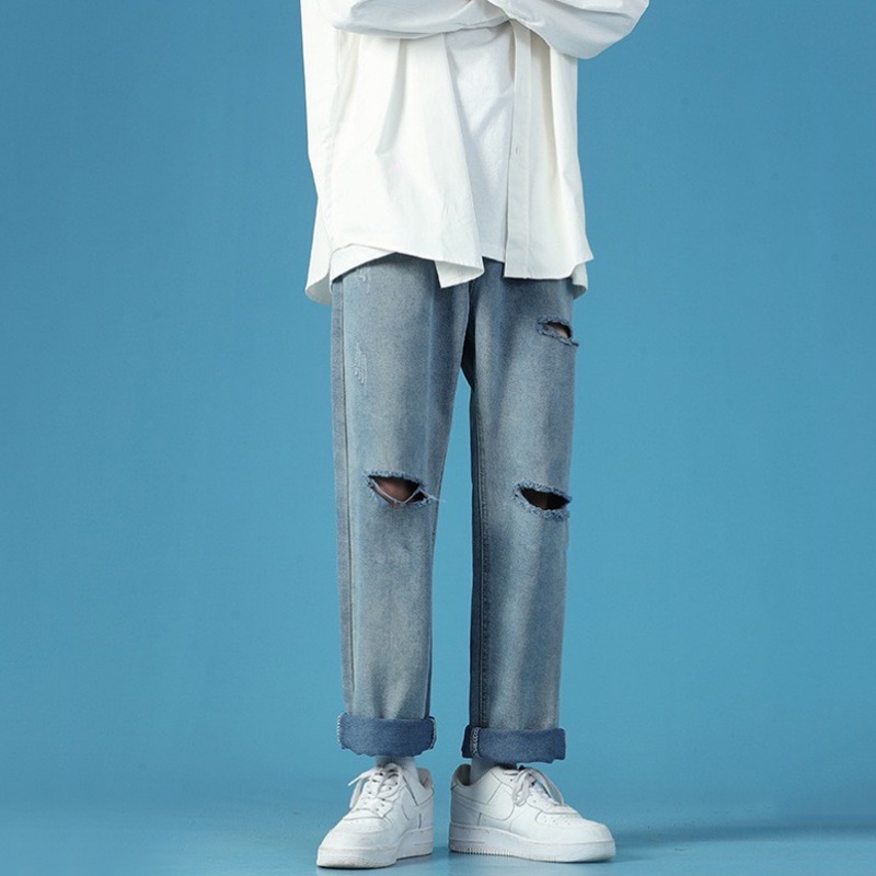 Quần Jeans Baggy Nam Xanh Rách Gối Dáng Đứng Ống Suông Rộng Cạp Cao Chất Vải Co Giãn Nhẹ