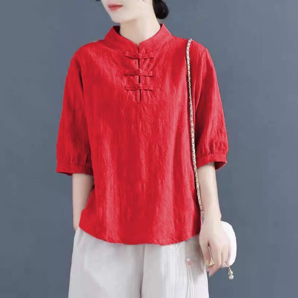 Áo Thun Cotton Lanh Cổ Đứng Cài Nút Phong Cách Trung Hoa Cổ Điển Thời Trang Cho Nữ 2022T