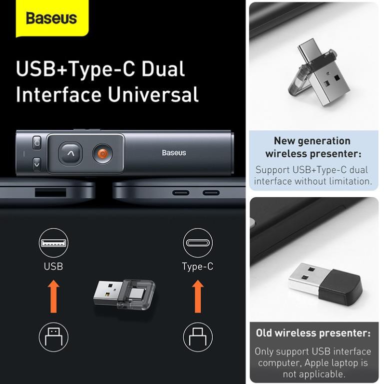 Bút điều khiển không dây hỗ trợ Office PowerPoint Thuyết  trình Baseus 2.4GHz USB-A Type-C cho Windows iOS