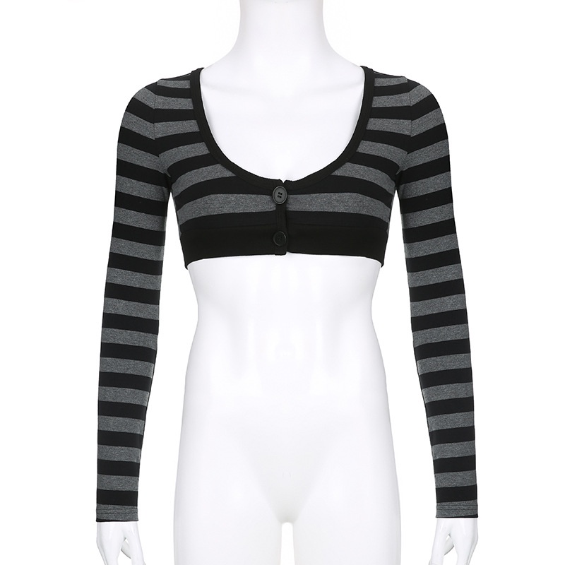 DUNEA Áo Thun Croptop Tay Dài Cổ Vuông Kẻ Sọc Cá Tính Cho Nữ