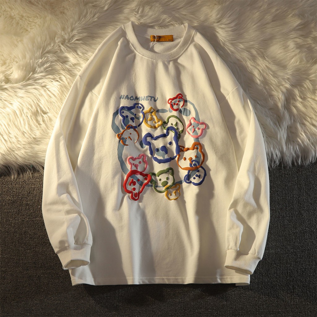 Áo Thun Tay Dài Cổ Tròn In Hình Gấu Xốp Phong Cách Retro Nhật Bản Cho Nam Và Nữ | BigBuy360 - bigbuy360.vn