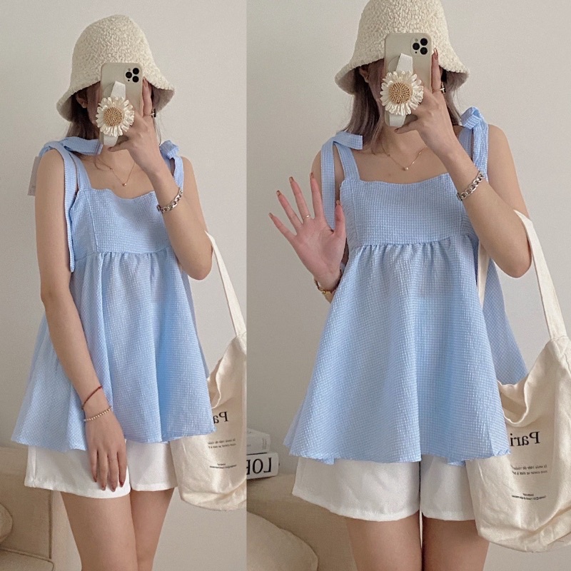 Set áo kèm quần tiểu thư, áo 2 dây buộc nơ Babydoll kèm quần,áo bánh bèo kẻ trắng dễ thương Nhungkudo