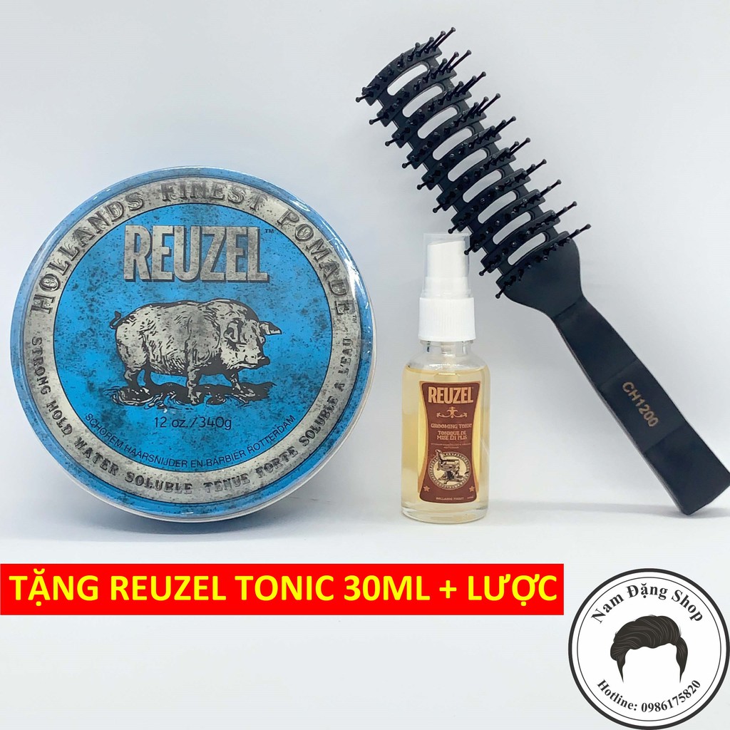 Pomade vuốt tóc Reuzel Blue 340g Hà Lan + Tặng Pre-Styling Reuzel Grooming Tonic 30ml + Tặng Lược Chaoba