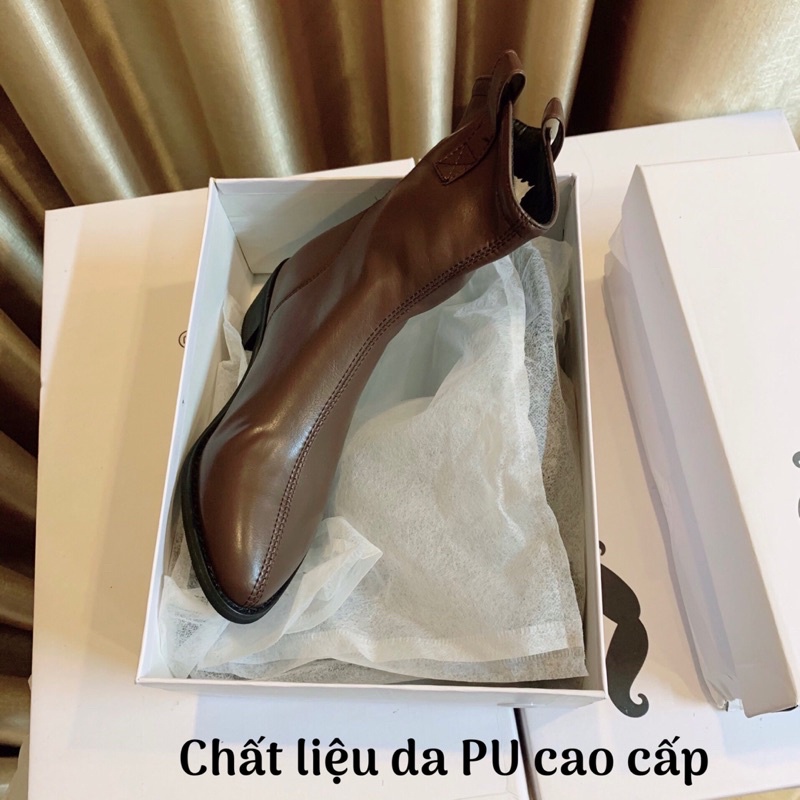 Giày Boot nữ cổ lửng da lì cao cấp bên trong lót nỉ, đế 4 phân phong cách Hàn Quốc 0686