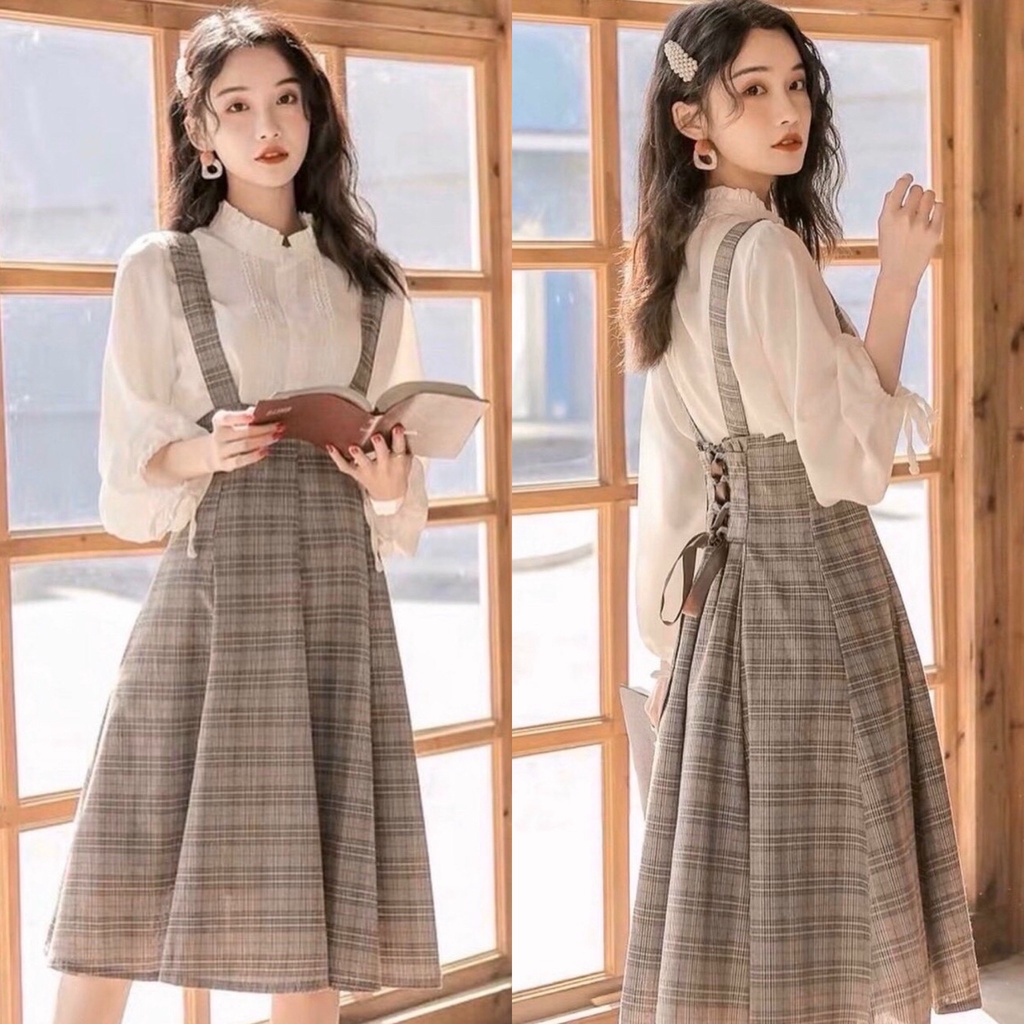 SET ÁO SƠ MI KÈM ĐẦM YẾM CARO (KÈM VIDEO HÌNH THẬT)