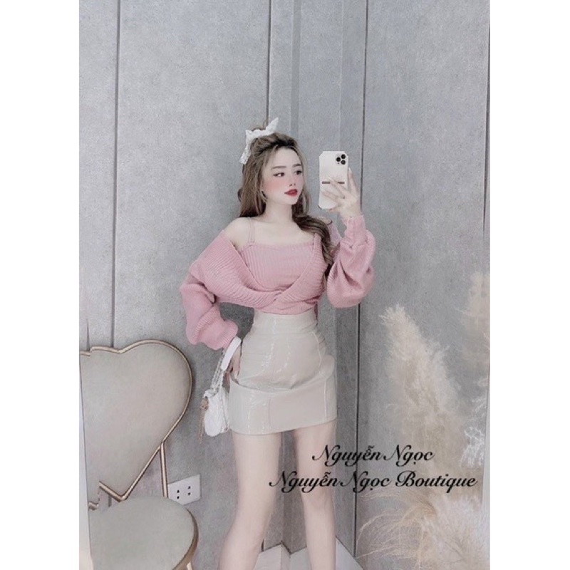 Chân váy da bóng cạp cao