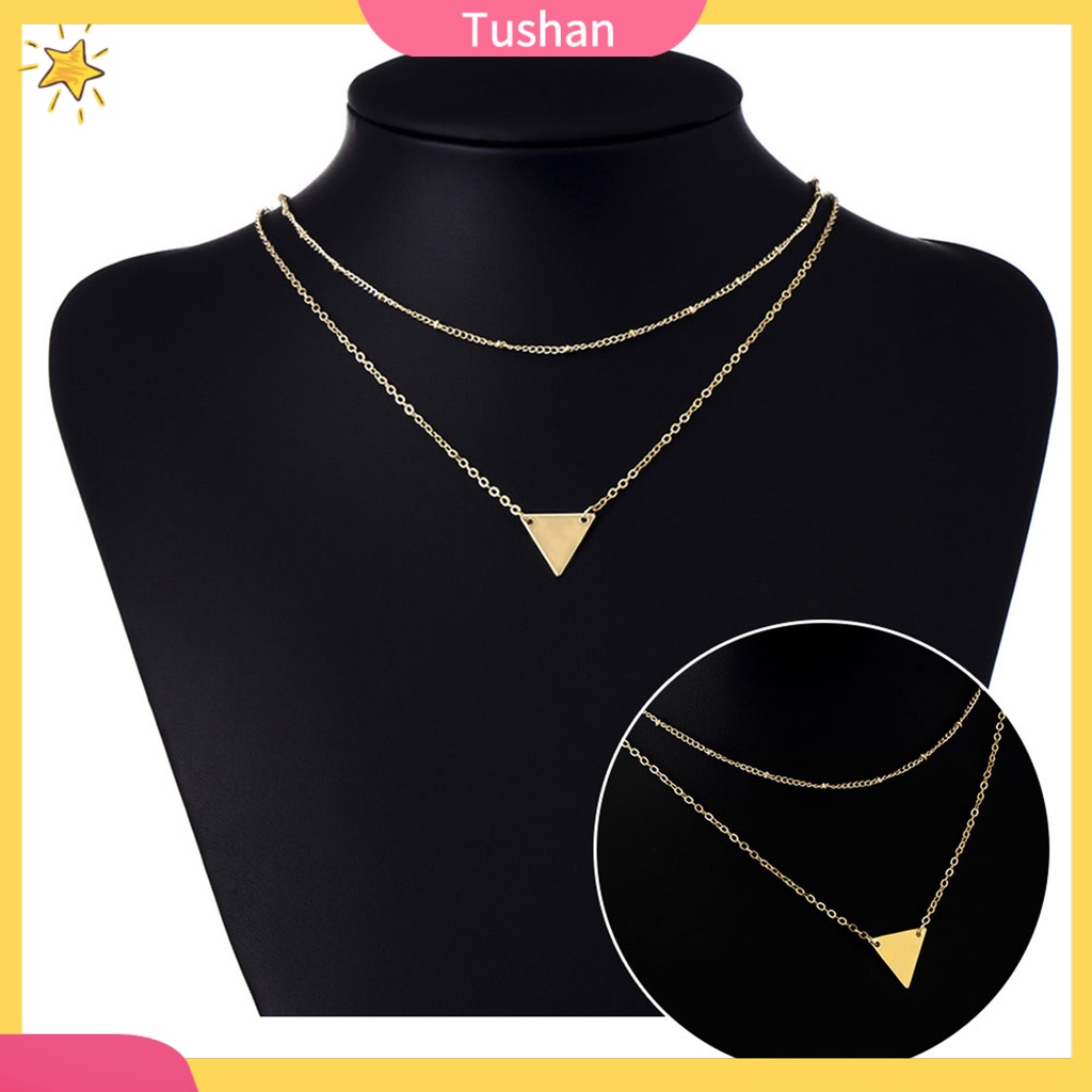 TUSH_Women Simple Stylish Multilayer Chain Geometric Triangle Pendant Short Necklace