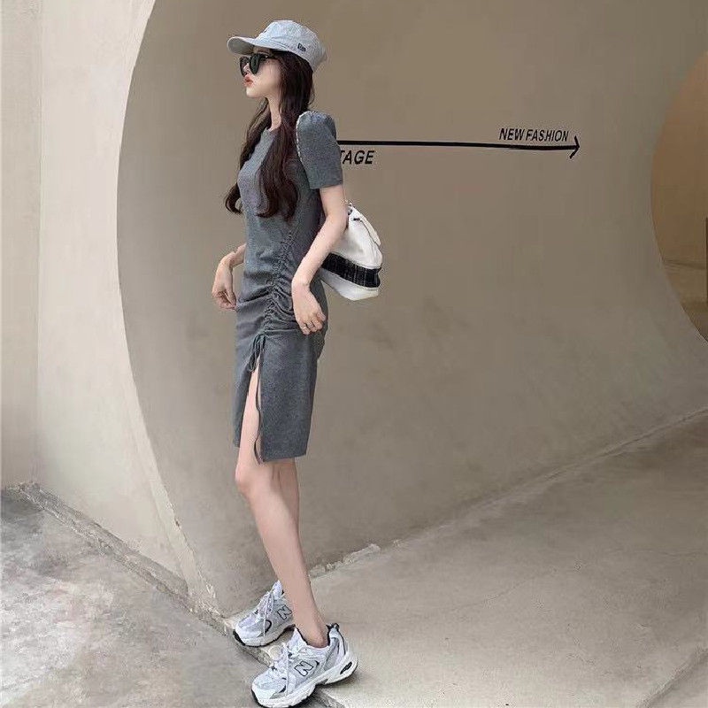 COZOK Đầm Tay Ngắn Phối Dây Rút Xẻ Tà Quyến Rũ Hợp Thời Trang