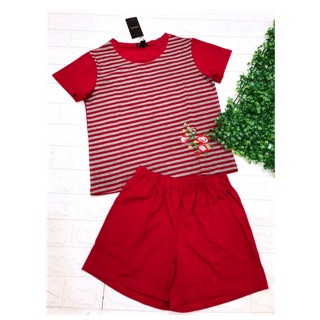 Đồ bộ short thun cotton phối sọc thêu hoa