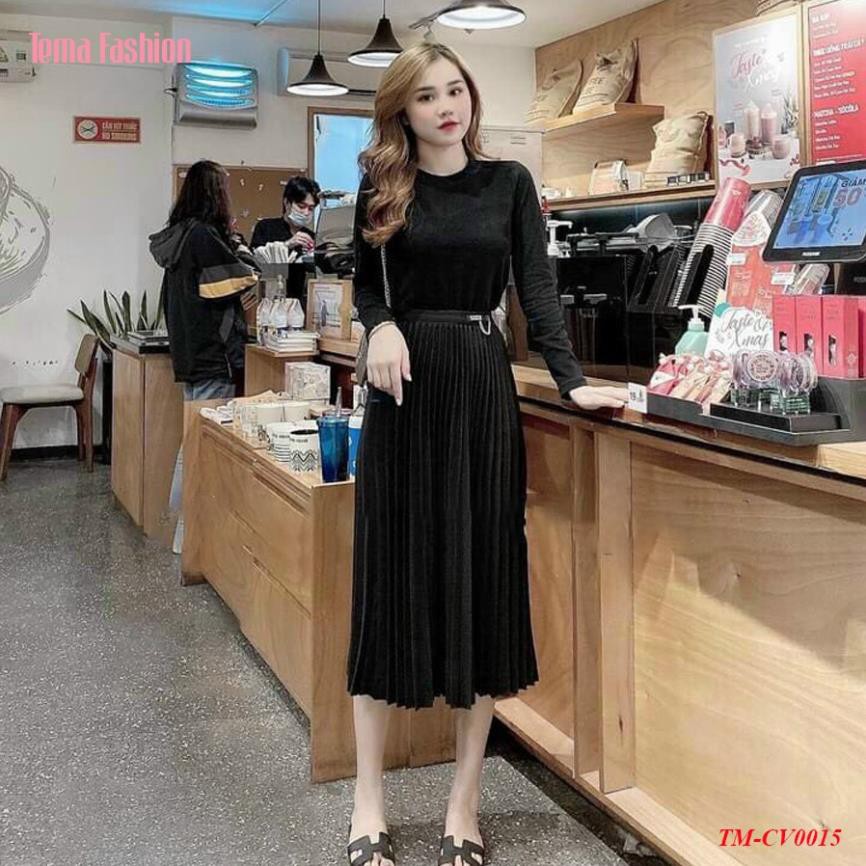 Chân váy xếp ly dạ dáng dài nữ TEMA - Chân váy midi cạp chun kèm tag huy hiệu | BigBuy360 - bigbuy360.vn