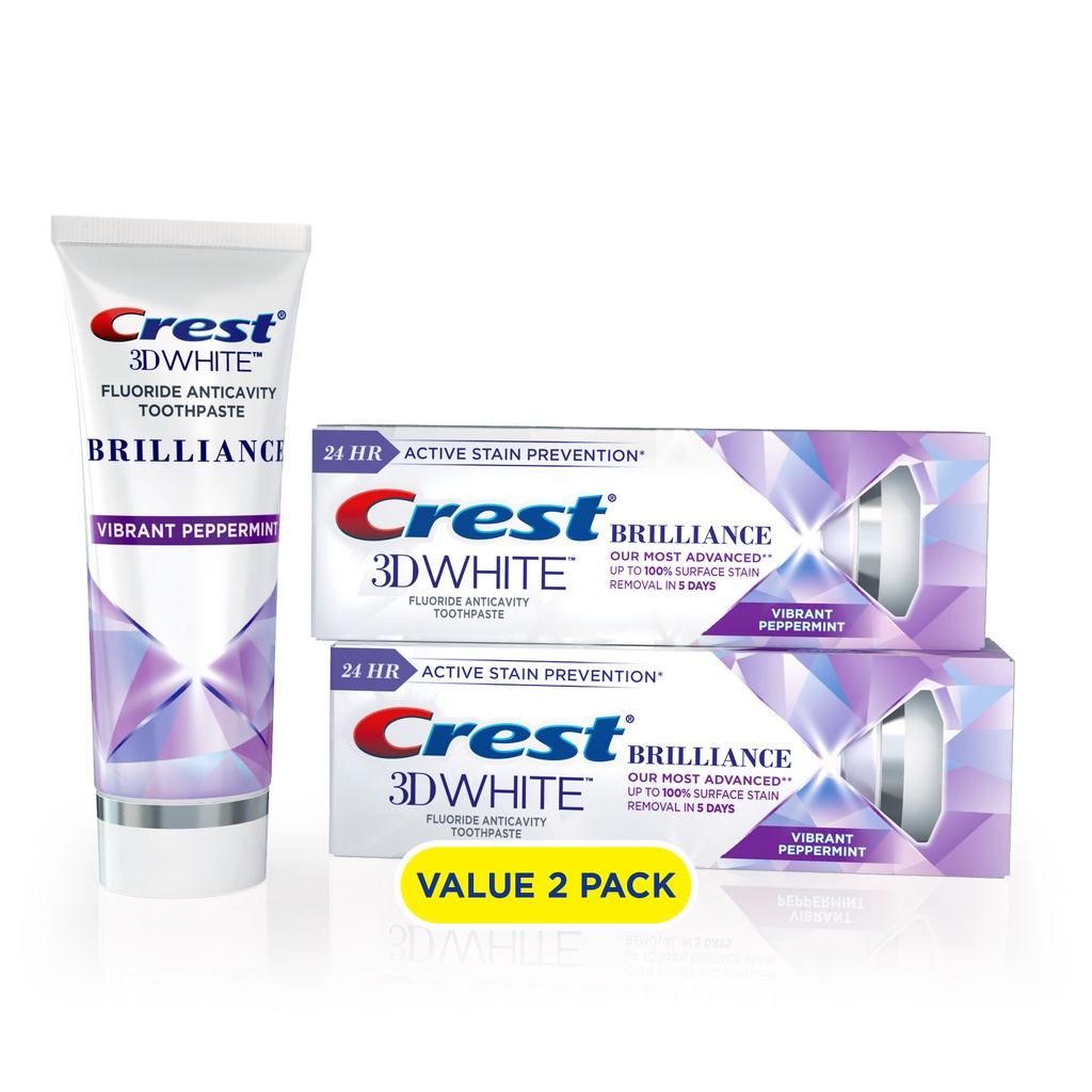 Kem Đánh Răng Crest 3D White Brilliance Teeth Whitening Toothpaste, Peppermint, 3.9 Oz, 2 pack