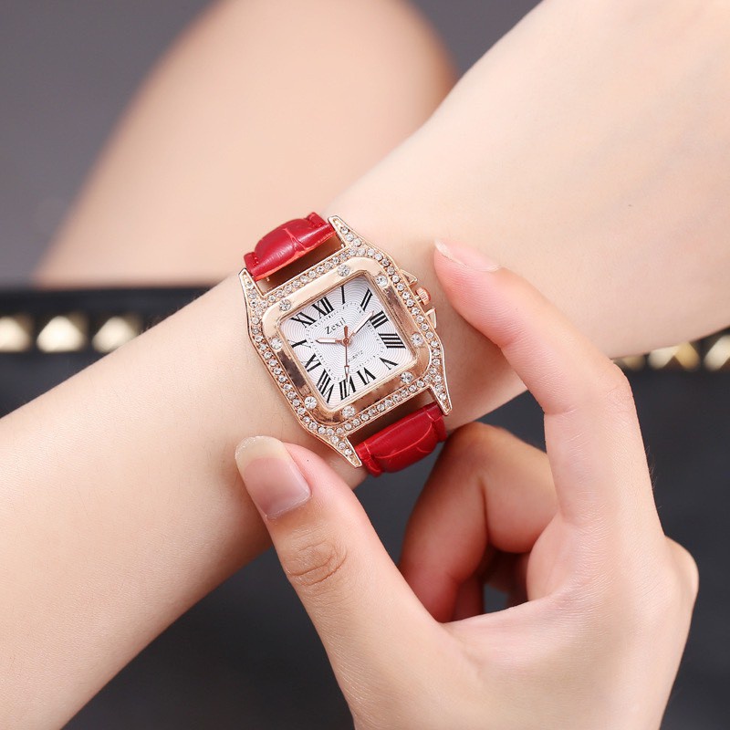Đồng Hồ Nữ Dây Da Đỏ Dzg Mặt Đính Đá Nhân Tạo Thời Trang Sang Chảnh - Hazo