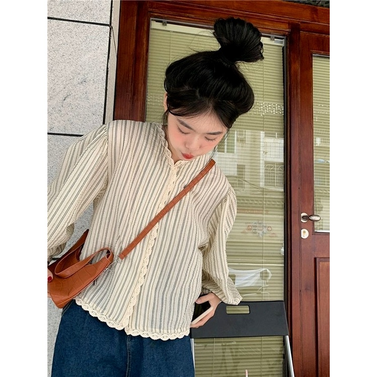 Áo Sơ Mi Tay Dài Dáng Rộng Cổ Chữ V Phối Ren Thời Trang Mùa Thu Hàn Quốc 2022