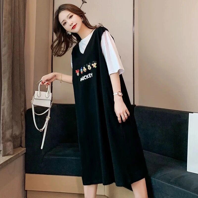 Bộ đồ bà bầu, váy bầu mùa hè, áo thun bà bầu plus size rộng thời trang, váy bầu ngắn tay, thời trang, dài đến gối