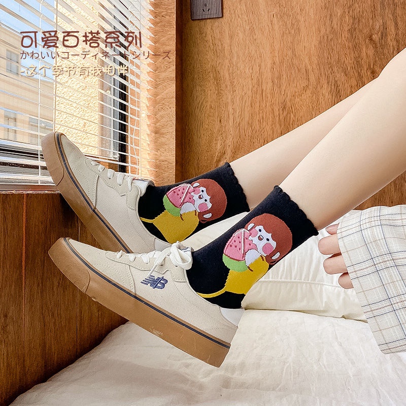 Set 5   tất cổ cao   Đôi Tất Cotton Cổ Cao Màu Đen Thời Trang Thu Đông Phong Cách Nhật Bản Cho Nữ