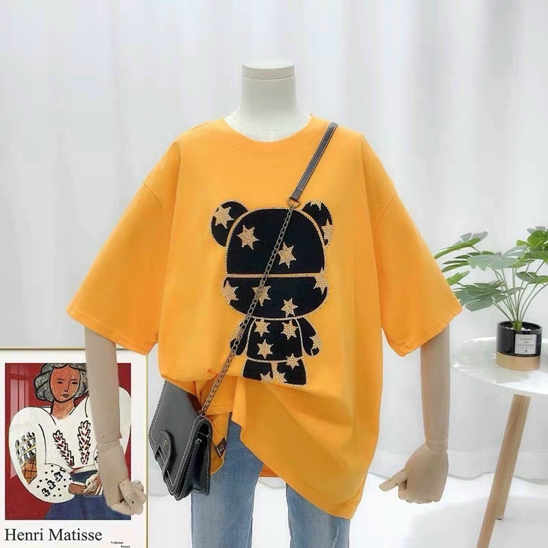 Áo phông cotton phom thụng tay lỡ hình người máy đen Áo thun nữ dáng rộng