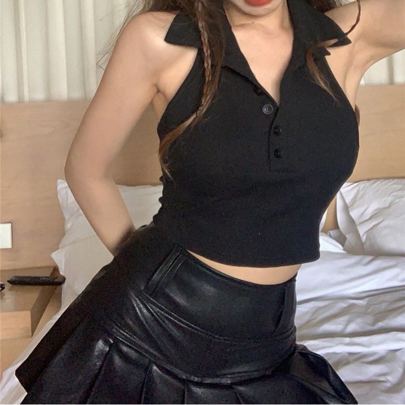 Áo croptop kiểu hở lưng cổ bẻ phối cúc phong cách gợi cảm màu đen trắng | BigBuy360 - bigbuy360.vn