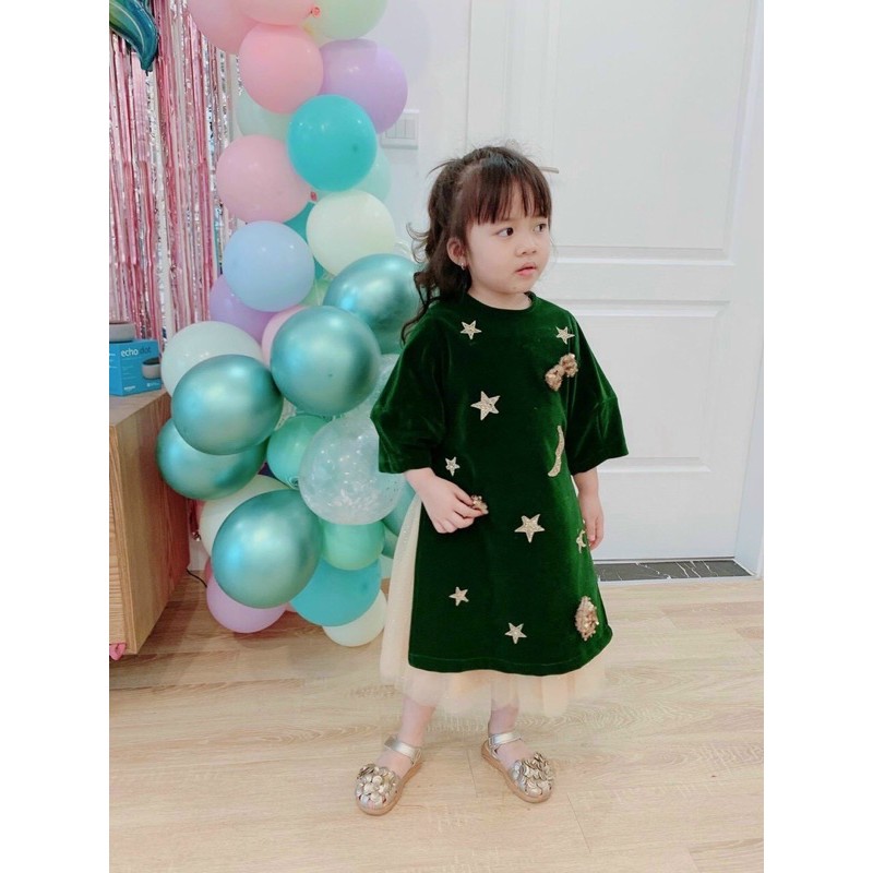 Áo dài nhung bé gái đính trăng sao kèm bờm 1-10Y