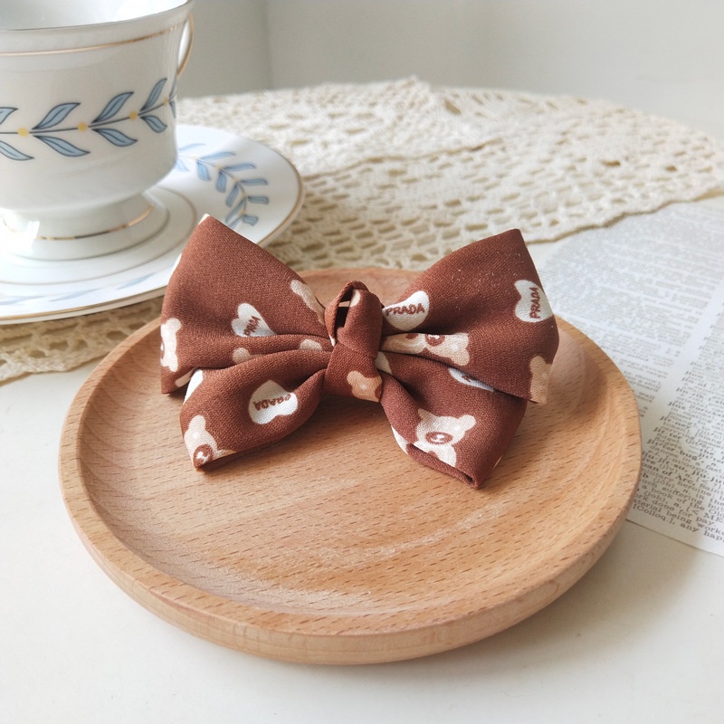 Kẹp nơ trà sữa họa tiết gấu hoa (7cm)phong cách retro đơn giản tiểu thư Hàn Quốc Tatitava