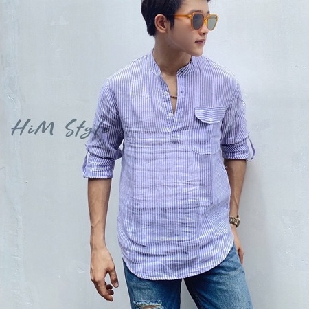 Áo Sơ Mi Nam Cổ Trụ Tay Dài Linen Tưng Sọc