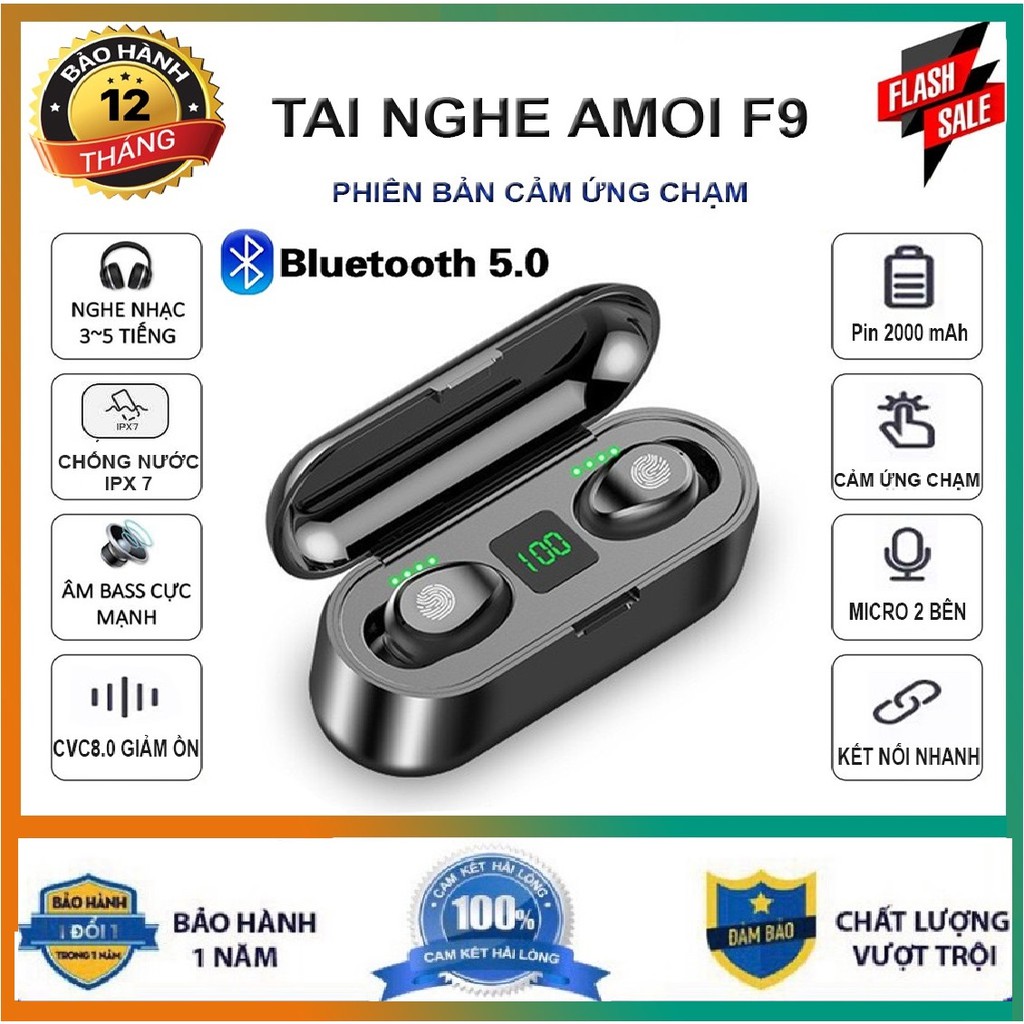 Tai Nghe True Wireless AMOI F9💝PIN KHỦNG + SIÊU HAY💝Tai Nghe Bluetooth V5.0 Kiêm Sạc Dự Phòng