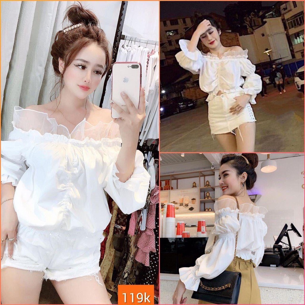 [Siêu hot] 1125A21B1 Áo trễ vai kate tay dài phối voan kiếng sang trọng [Siêu hot]