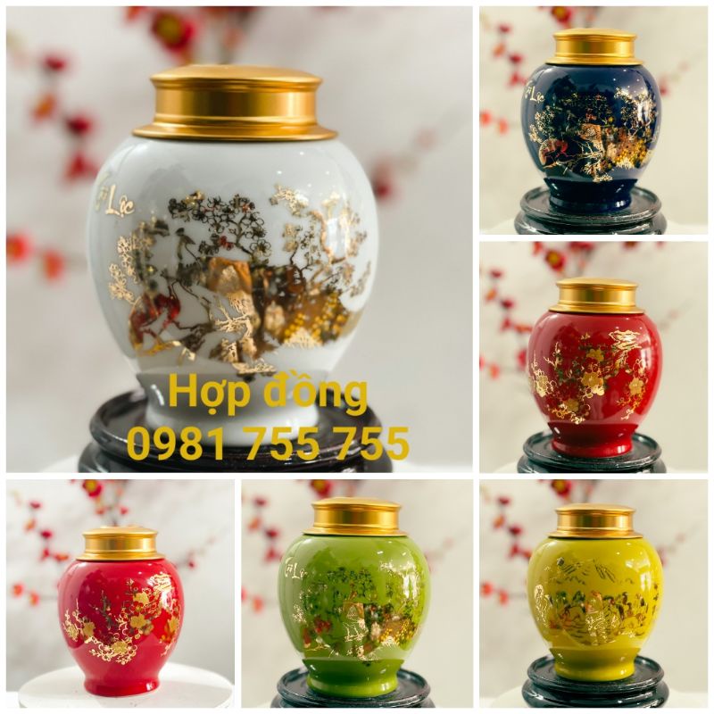 Hộp đựng Trà vẽ Vàng,Lọ đựng Chè Sứ Bát Tràng Cao Cấp