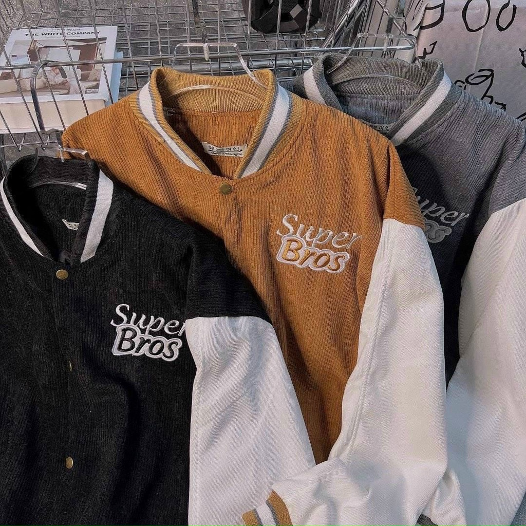 Áo Khoác Bomber Nhung Gân Nam Nữ Unisex Logo Thêu Chất 2 Lớp Dày Dặn Phong Cách Hàn Quốc (SuperBros))
