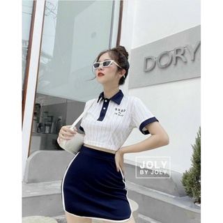 Set Áo Croptop Polo Viền Cổ Xanh Mix Chân Váy Tennis Thể Thao Cá Tính Ulzzang