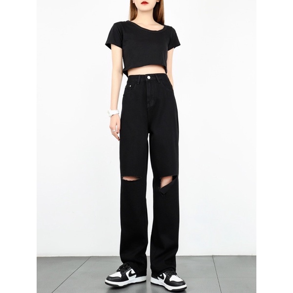 Quần bò ống rộng nữ rách gối M7 đen, quần jeans ống rộng lưng cao, vải bò dày đẹp , không giãn ,dáng suông M732
