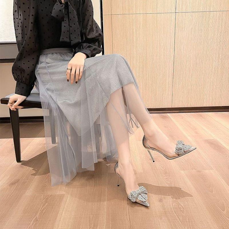 Giày Cao Gót Mũi Nhọn Đính Đá Trong Suốt Thời Trang Xuân Hè Sang Trọng Cho Nữ