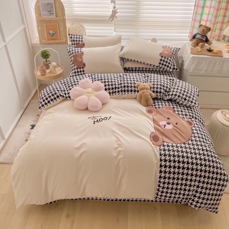BỘ CHĂN GA GỐI NỈ SỮA GẤU TEDDY PHỐI KẺ DỄ THƯƠNG (đủ size)